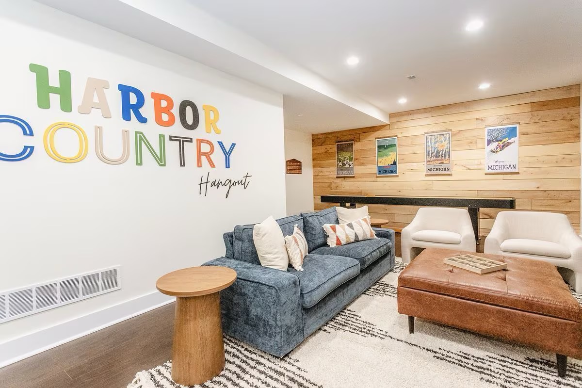 Completed Ash Harbor House game room lounge designed by Lakeshore Staging and Design in New Buffalo