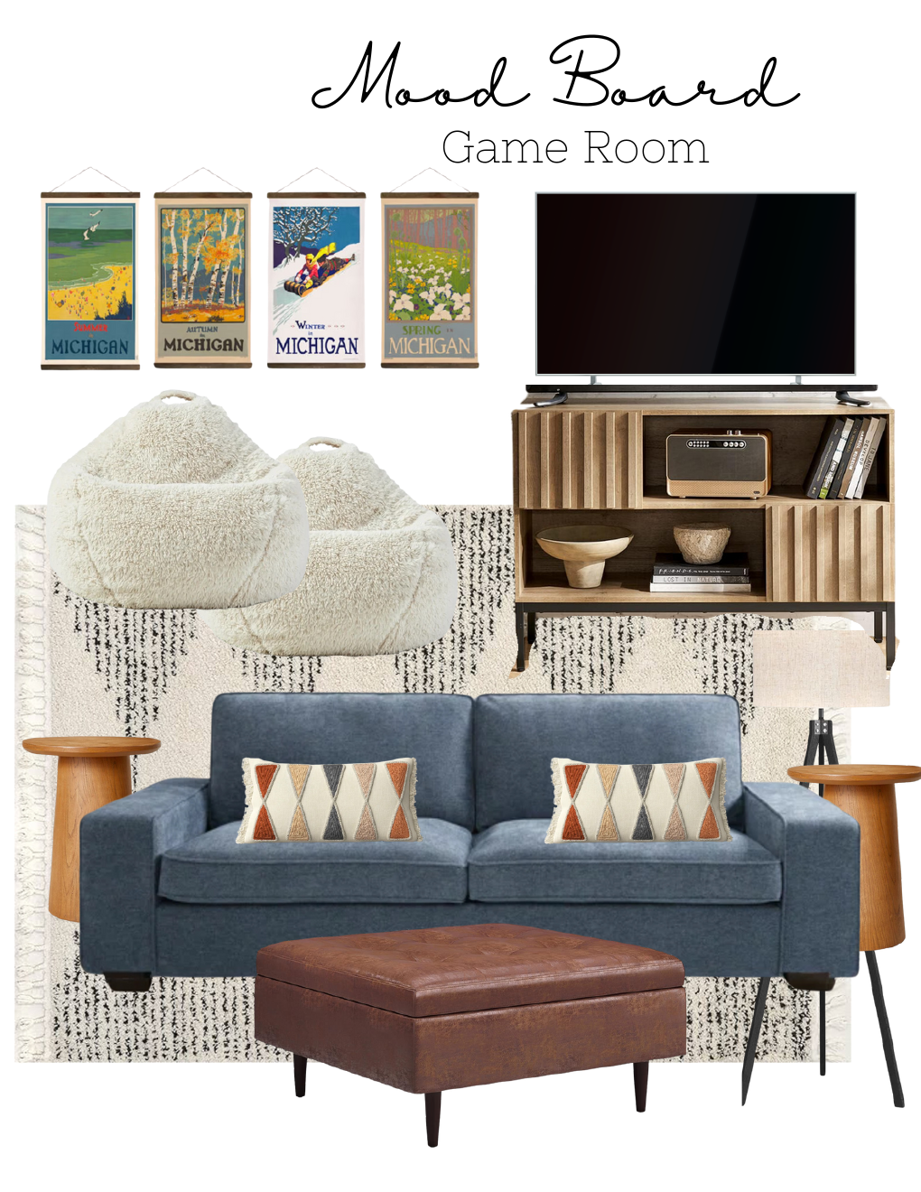 Game room mood board for the Ash Harbor House short-term rental in New Buffalo, Michigan